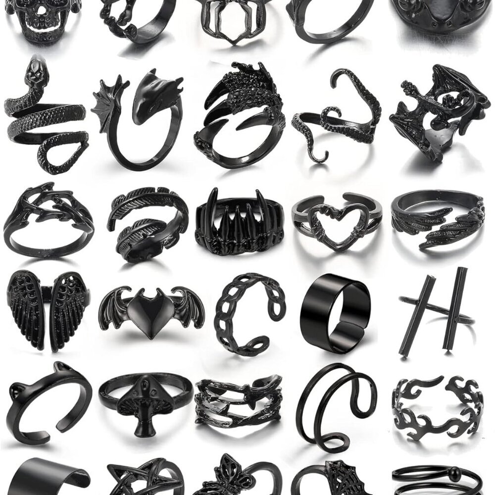Black Gothic Vintage Rings Set - 20-30 PCS Cool Punk Jewelry with Snake, Butterf